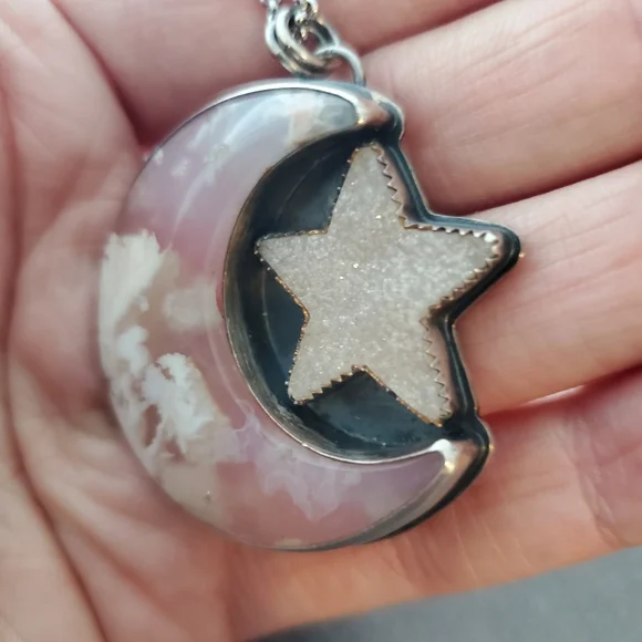 Sterling Silver Plume Agate Moon With Druzy Quartz Star Necklace Ooak Handmade - Picture 5 of 7